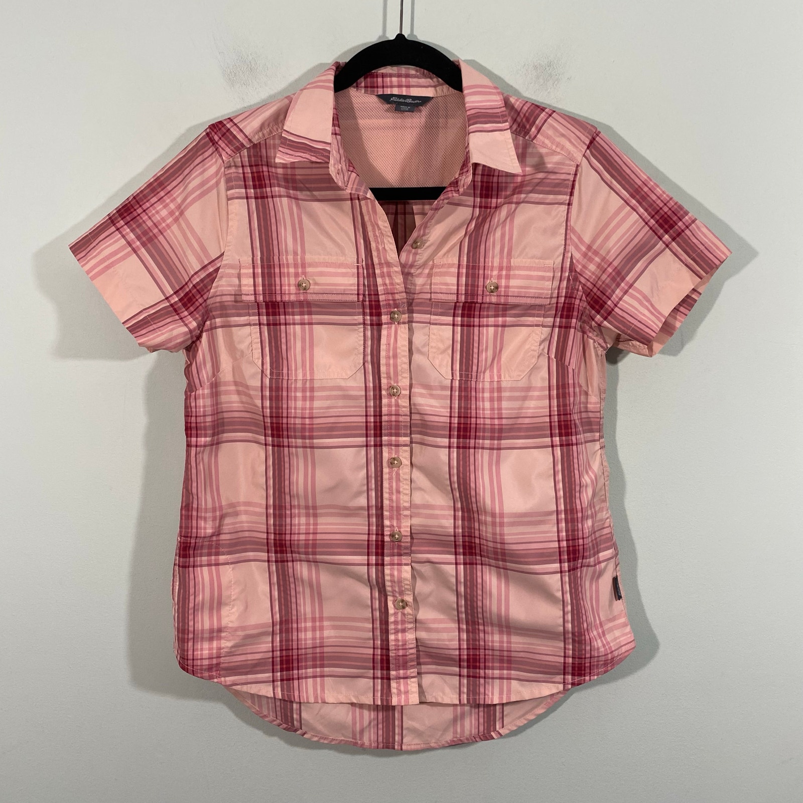 Eddie Bauer Women Red Plaid Adventure Performance S/S Button Up Shirt Sz S